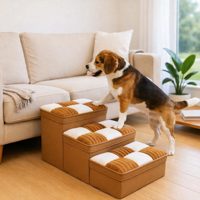 Drewniane Schodki dla Psa z Ukrytym Schowkiem – Handmade, Wzór Kratka