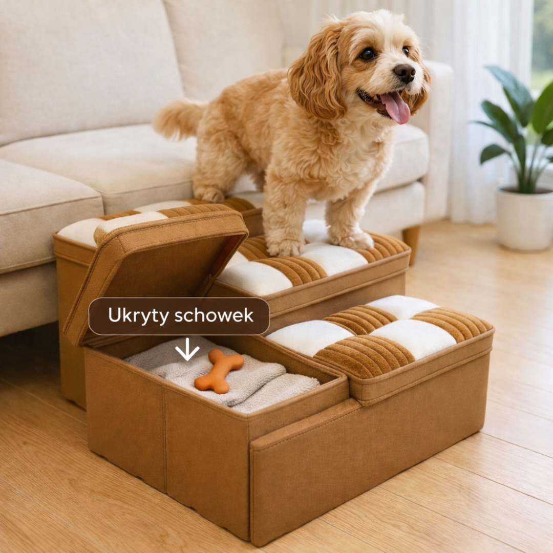 Drewniane Schodki dla Psa z Ukrytym Schowkiem – Handmade, Wzór Kratka