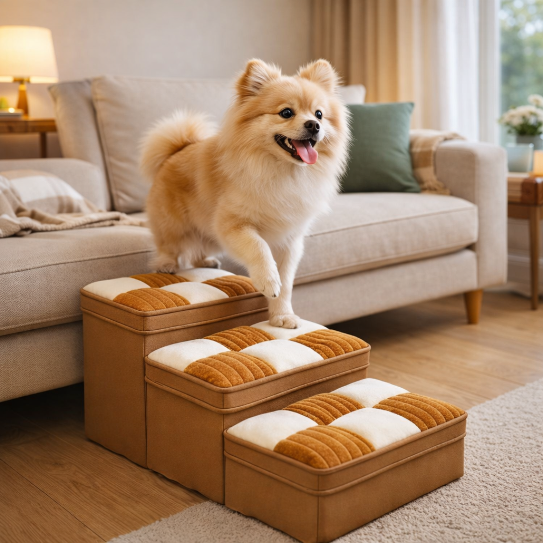 Drewniane Schodki dla Psa z Ukrytym Schowkiem – Handmade, Wzór Kratka