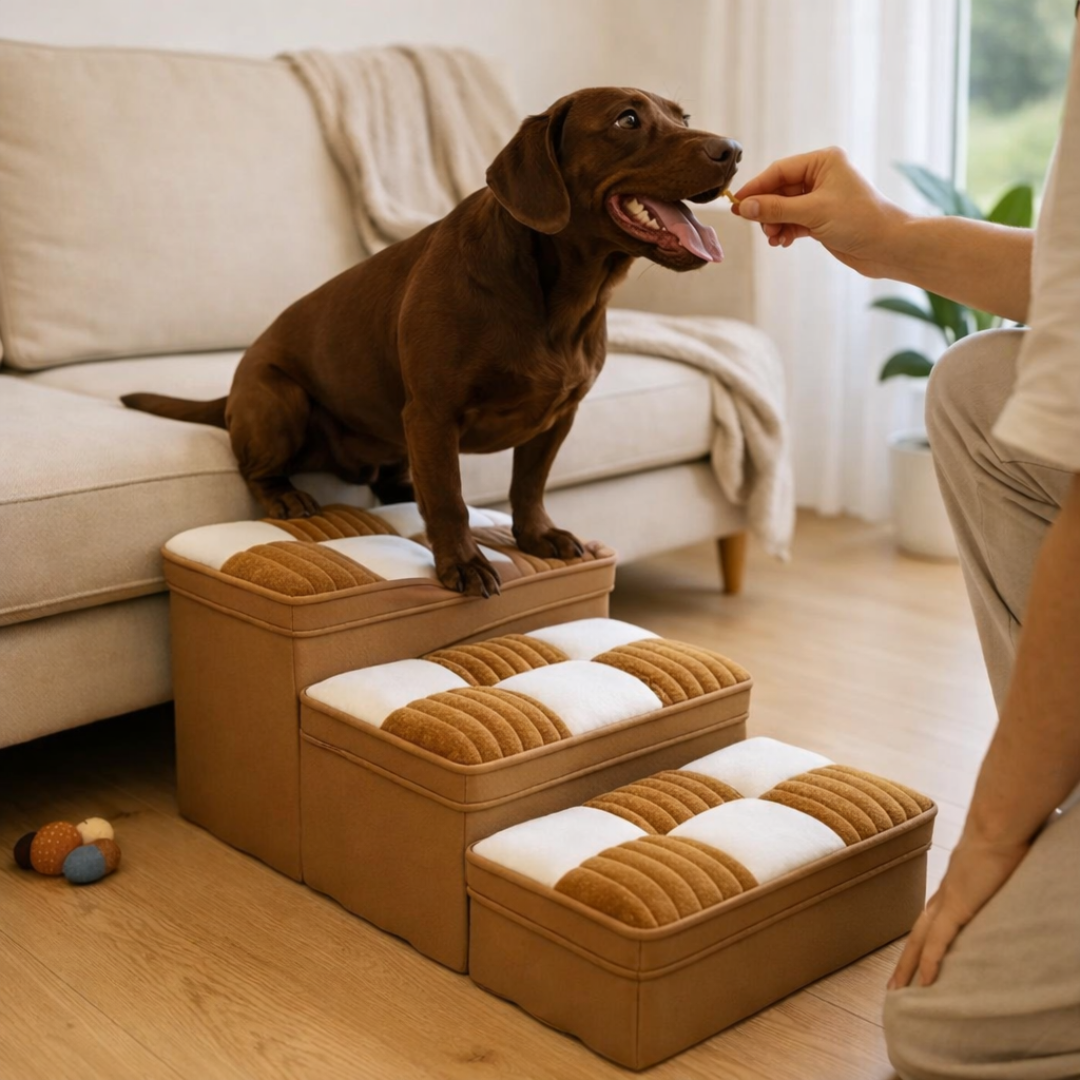 Drewniane Schodki dla Psa z Ukrytym Schowkiem – Handmade, Wzór Kratka