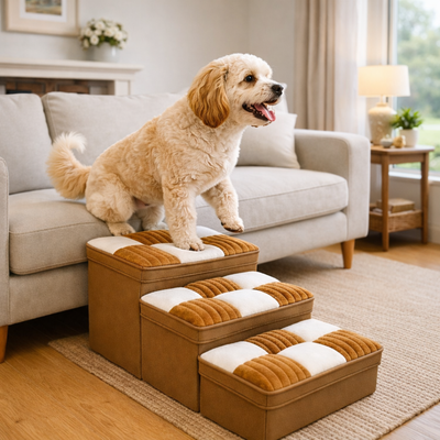 Drewniane Schodki dla Psa z Ukrytym Schowkiem – Handmade, Wzór Kratka