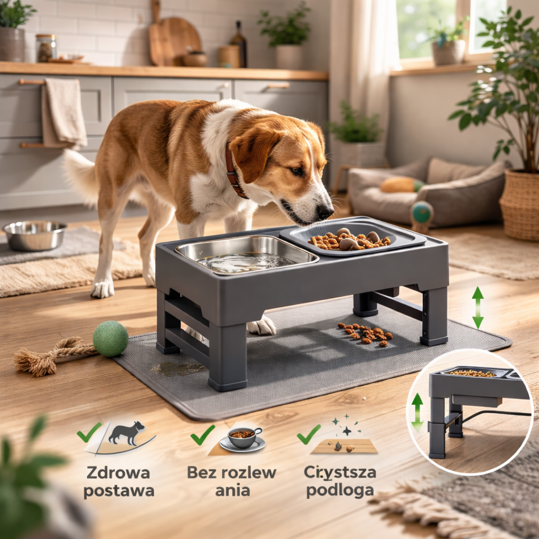 Podwójna Miska Stalowa dla Psa – Regulowana Wysokość, Zdrowy Kręgosłup